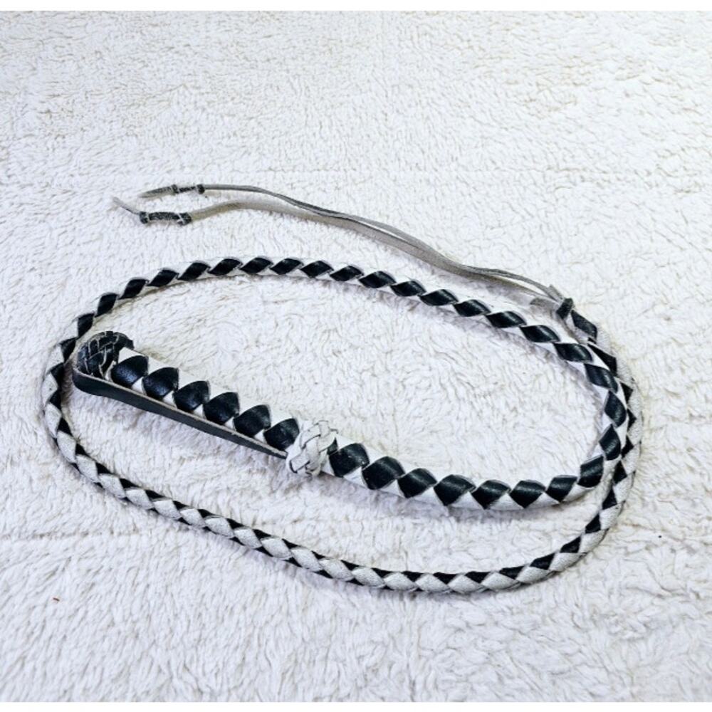 Vintage Handcrafted BullWhip Black n White. Weaved. Well loved. Western. #0985